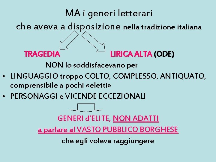 MA i generi letterari che aveva a disposizione nella tradizione italiana TRAGEDIA LIRICA ALTA