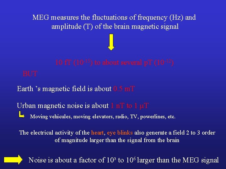 MEG measures the fluctuations of frequency (Hz) and amplitude (T) of the brain magnetic