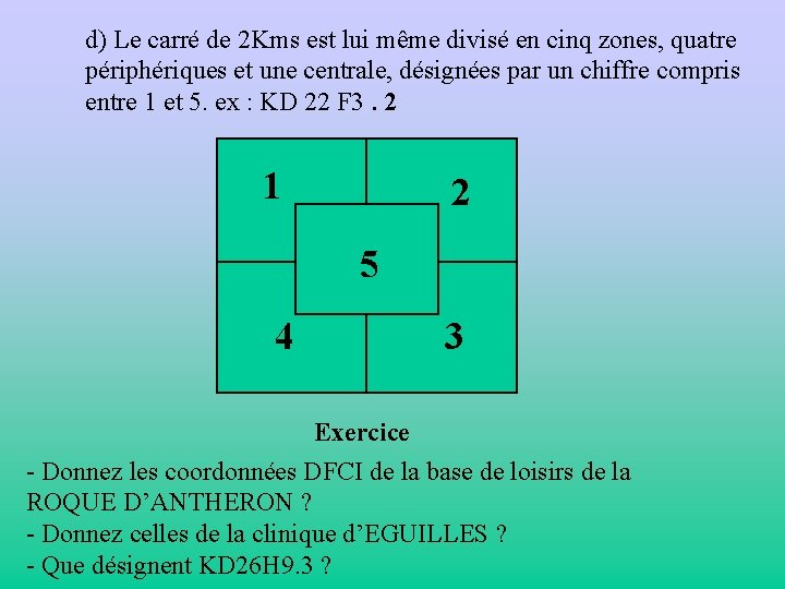 d) Le carré de 2 Kms est lui même divisé en cinq zones, quatre