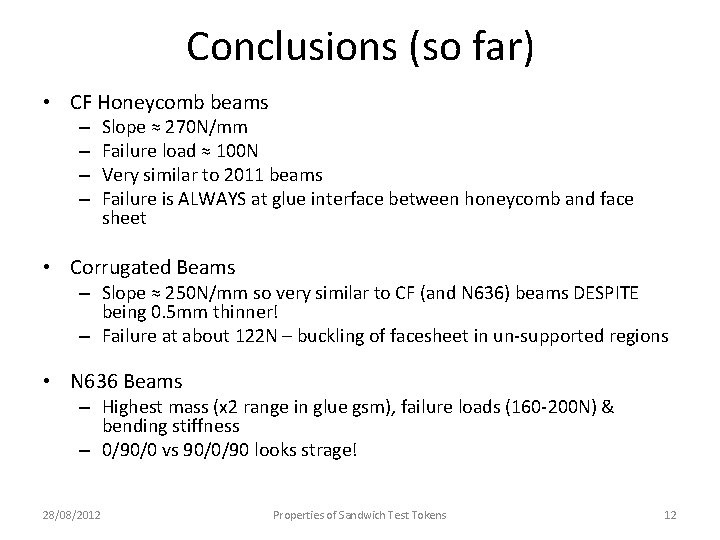 Conclusions (so far) • CF Honeycomb beams – – Slope ≈ 270 N/mm Failure