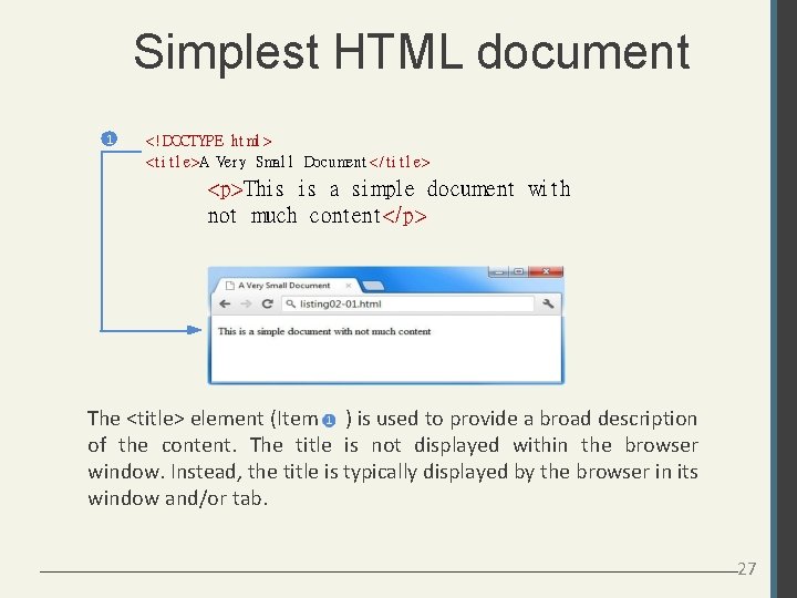 Simplest HTML document 1 <! DOCTYPE ht ml > <t i t l e>A