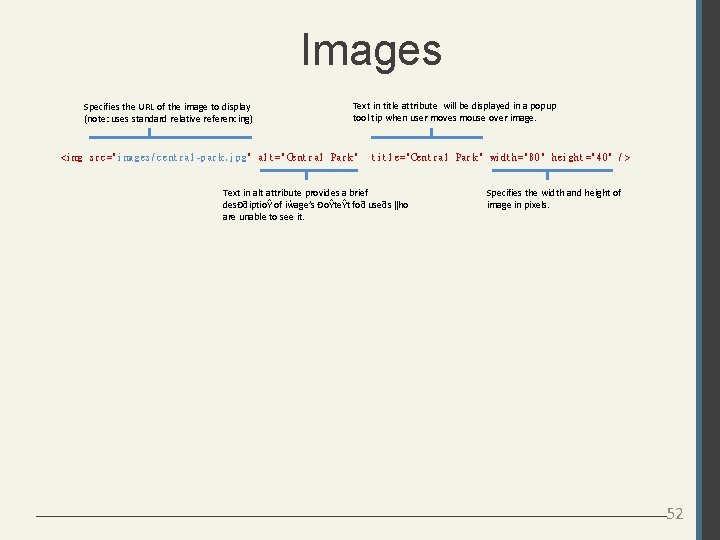 Images Specifies the URL of the image to display (note: uses standard relative referencing)