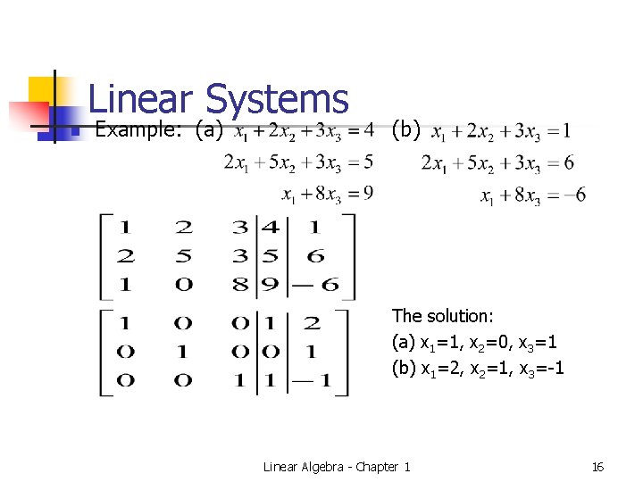 Linear Systems n Example: (a) (b) The solution: (a) x 1=1, x 2=0, x