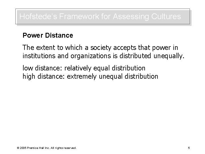 Hofstede’s Framework for Assessing Cultures Power Distance The extent to which a society accepts