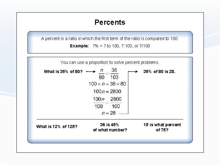 Percents A percent is a ratio in which the first term of the ratio