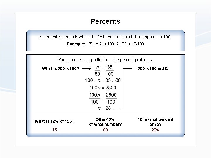 Percents A percent is a ratio in which the first term of the ratio