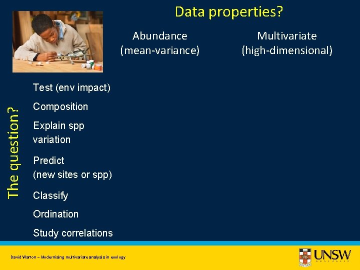 Data properties? Abundance (mean-variance) The question? Test (env impact) Composition Explain spp variation Predict