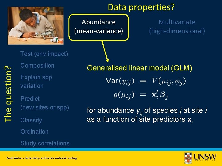 Data properties? Abundance (mean-variance) Multivariate (high-dimensional) The question? Test (env impact) Composition Generalised linear