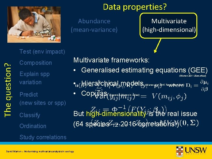 Data properties? Abundance (mean-variance) Multivariate (high-dimensional) The question? Test (env impact) Composition Explain spp