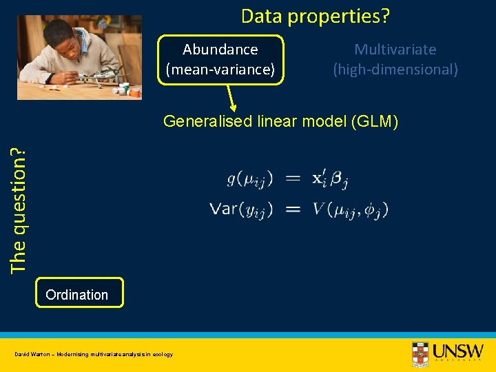 Data properties? Abundance (mean-variance) Multivariate (high-dimensional) The question? Generalised linear model (GLM) Ordination David