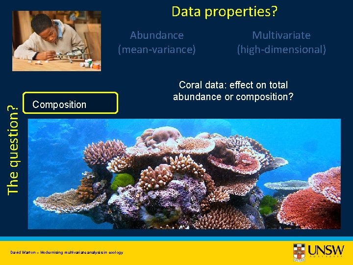 Data properties? The question? Abundance (mean-variance) Composition David Warton – Modernising multivariate analysis in