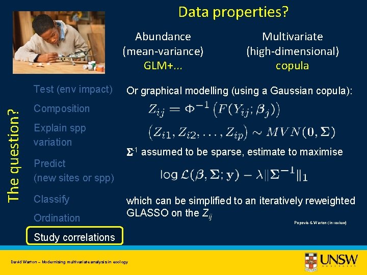 Data properties? Abundance (mean-variance) GLM+. . . The question? Test (env impact) Multivariate (high-dimensional)