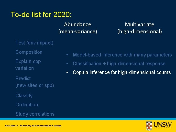 To-do list for 2020: Abundance (mean-variance) Multivariate (high-dimensional) Test (env impact) Composition Explain spp