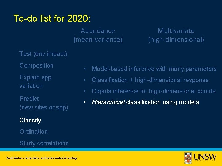 To-do list for 2020: Abundance (mean-variance) Multivariate (high-dimensional) Test (env impact) Composition • Model-based