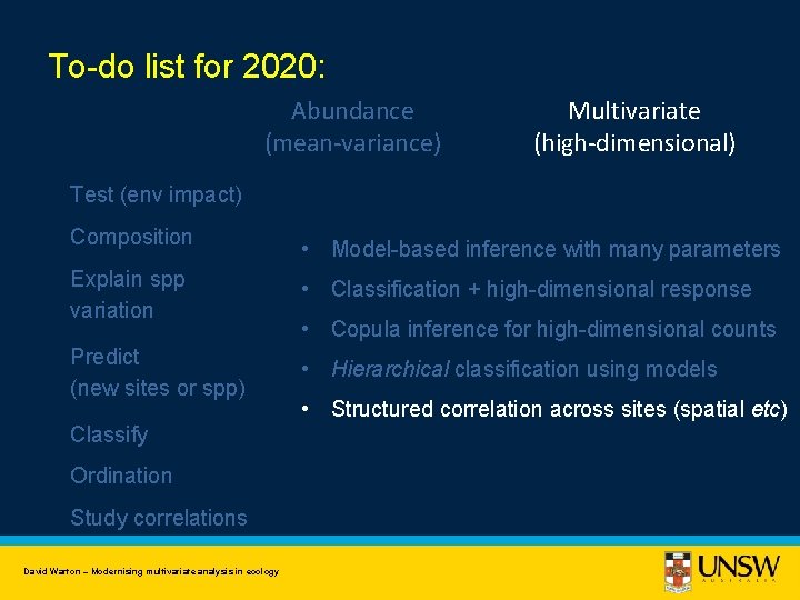 To-do list for 2020: Abundance (mean-variance) Multivariate (high-dimensional) Test (env impact) Composition • Model-based