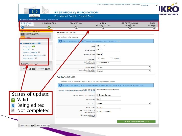 Demo Expert Status of update: Valid Being edited Not completed Demo Expert Status of update: Valid Being edited Not completed