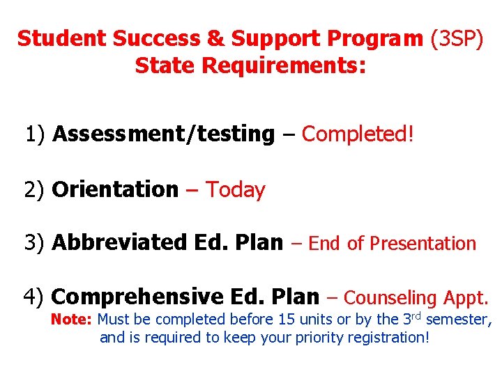 Student Success & Support Program (3 SP) State Requirements: 1) Assessment/testing – Completed! 2)