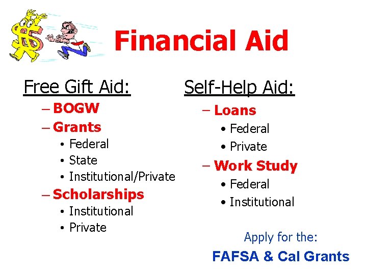 Financial Aid Free Gift Aid: – BOGW – Grants • Federal • State •