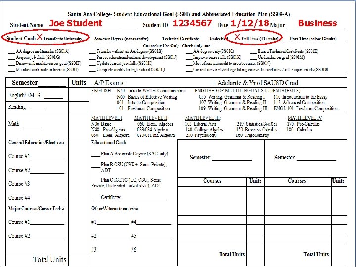  Joe Student 1234567 1/12/18 Business X X 