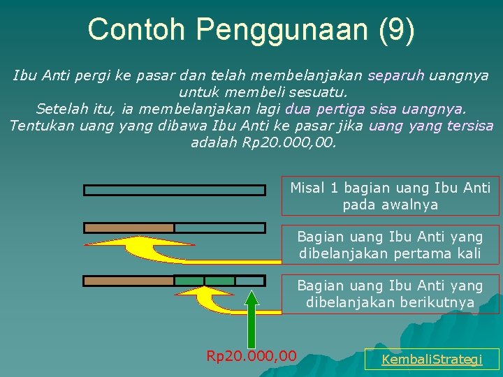 Contoh Penggunaan (9) Ibu Anti pergi ke pasar dan telah membelanjakan separuh uangnya untuk