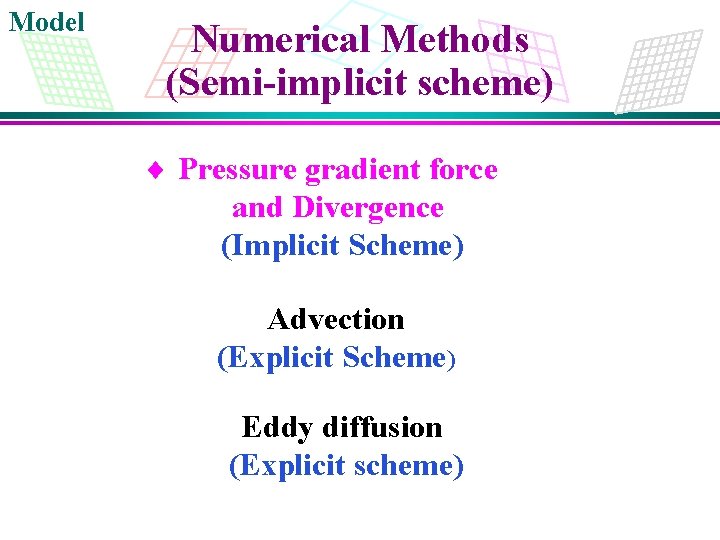 Model Numerical Methods (Semi-implicit scheme) ¨ Pressure gradient force and Divergence (Implicit Scheme) Advection