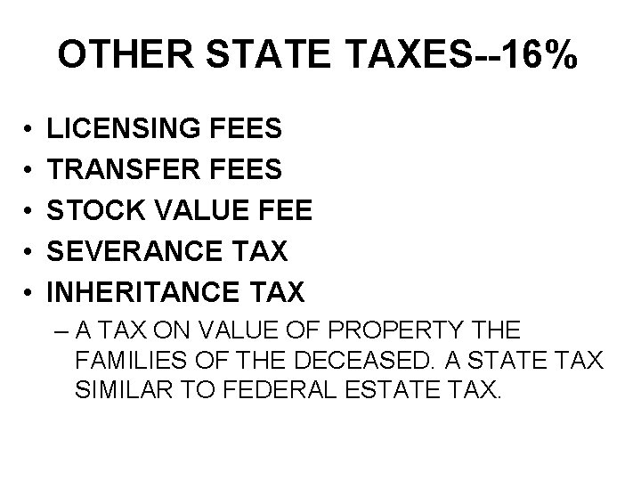 OTHER STATE TAXES--16% • • • LICENSING FEES TRANSFER FEES STOCK VALUE FEE SEVERANCE