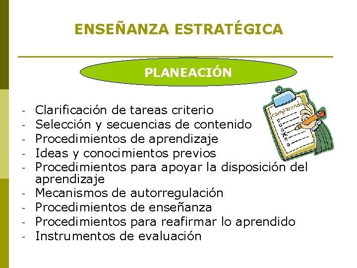 ENSEÑANZA ESTRATÉGICA PLANEACIÓN - Clarificación de tareas criterio Selección y secuencias de contenido Procedimientos