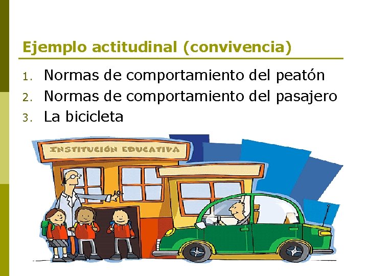 Ejemplo actitudinal (convivencia) 1. 2. 3. Normas de comportamiento del peatón Normas de comportamiento