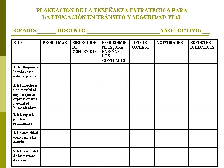 PLANEACIÓN DE LA ENSEÑANZA ESTRATÉGICA PARA LA EDUCACIÓN EN TRÁNSITO Y SEGURIDAD VIAL GRADO:
