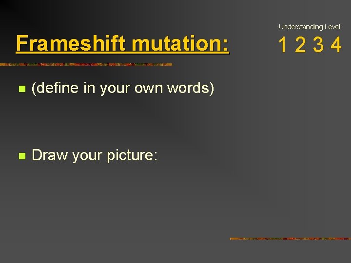 Understanding Level Frameshift mutation: n (define in your own words) n Draw your picture: