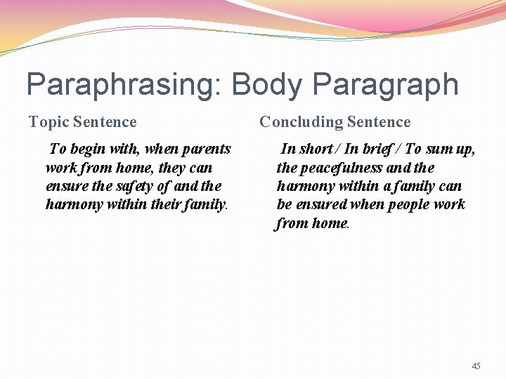 Paraphrasing: Body Paragraph Topic Sentence To begin with, when parents work from home, they