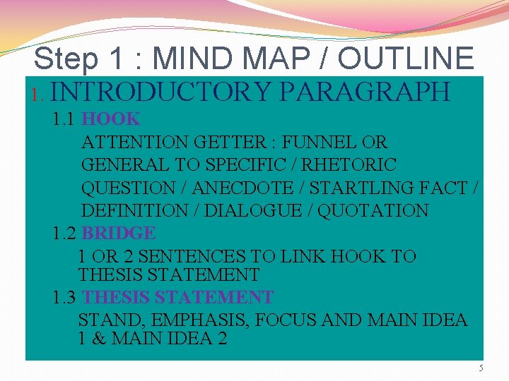 Step 1 : MIND MAP / OUTLINE 1. INTRODUCTORY PARAGRAPH 1. 1 HOOK ATTENTION