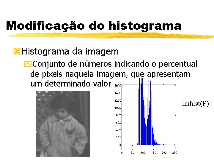 Modificação do histograma z. Histograma da imagem y. Conjunto de números indicando o percentual Modificação do histograma z. Histograma da imagem y. Conjunto de números indicando o percentual