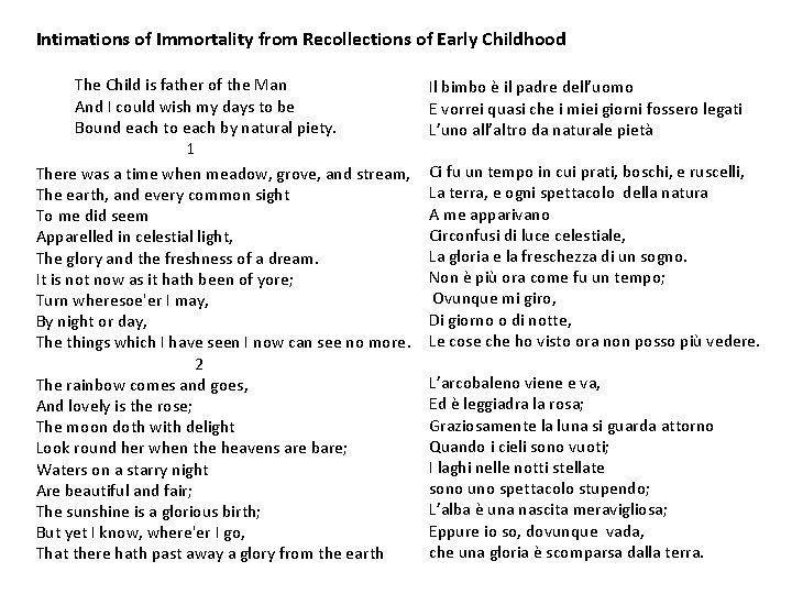 Intimations of Immortality from Recollections of Early Childhood The Child is father of the