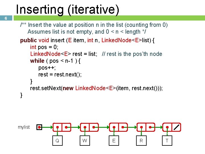 6 Inserting (iterative) /** Insert the value at position n in the list (counting