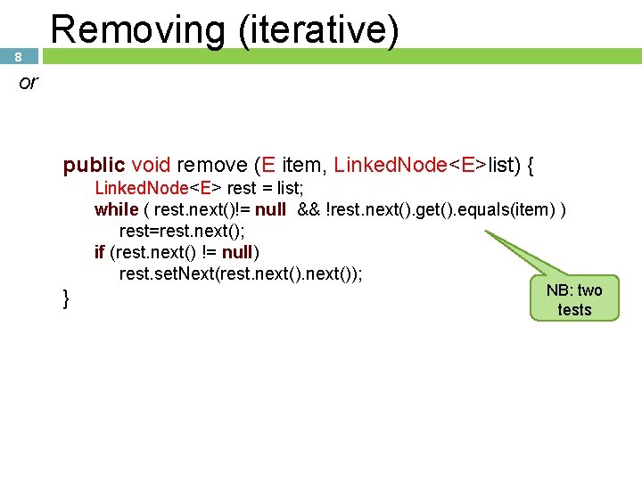 8 Removing (iterative) or public void remove (E item, Linked. Node<E>list) { Linked. Node<E>