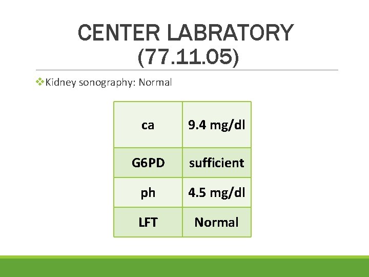 CENTER LABRATORY (77. 11. 05) v. Kidney sonography: Normal ca 9. 4 mg/dl G