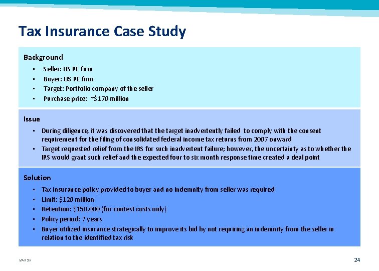 Tax Insurance Case Study Background • • Seller: US PE firm Buyer: US PE