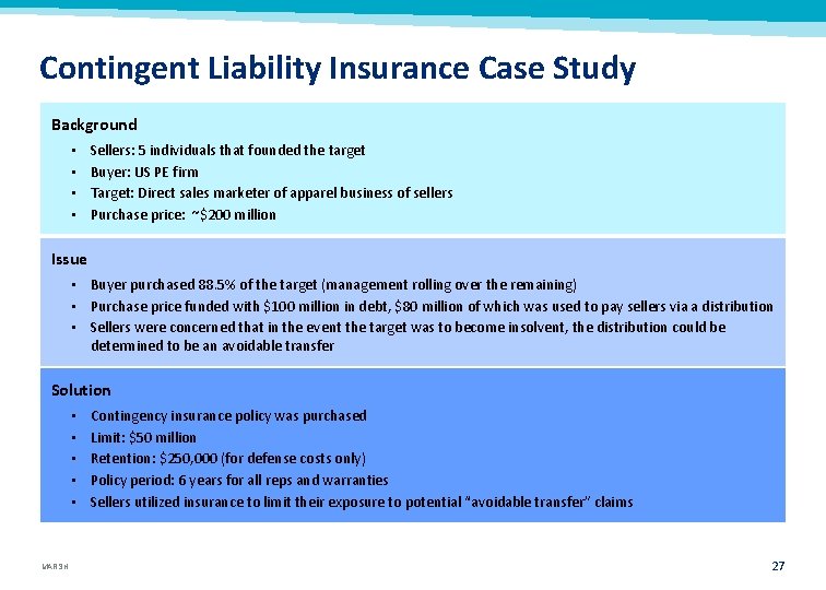 Contingent Liability Insurance Case Study Background • • Sellers: 5 individuals that founded the