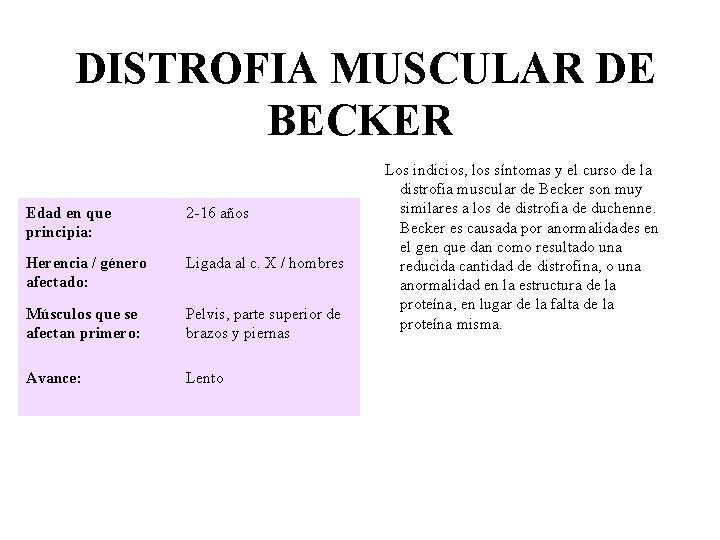 DISTROFIA MUSCULAR DE BECKER Edad en que principia: 2 -16 años Herencia / género