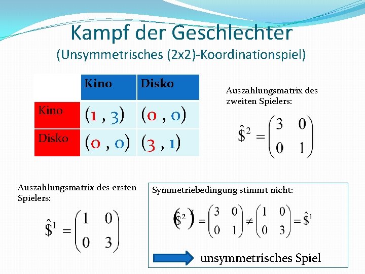 Kampf der Geschlechter (Unsymmetrisches (2 x 2)-Koordinationspiel) Kino Disko Kino (1 , 3) (0