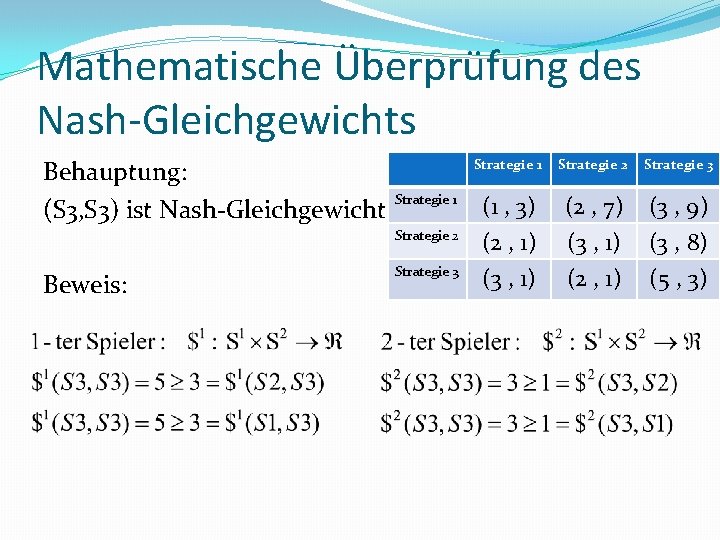 Mathematische Überprüfung des Nash-Gleichgewichts Strategie 1 Strategie 2 Strategie 3 Behauptung: Strategie 1 (1