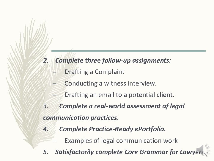 2. Complete three follow-up assignments: – Drafting a Complaint – Conducting a witness interview.