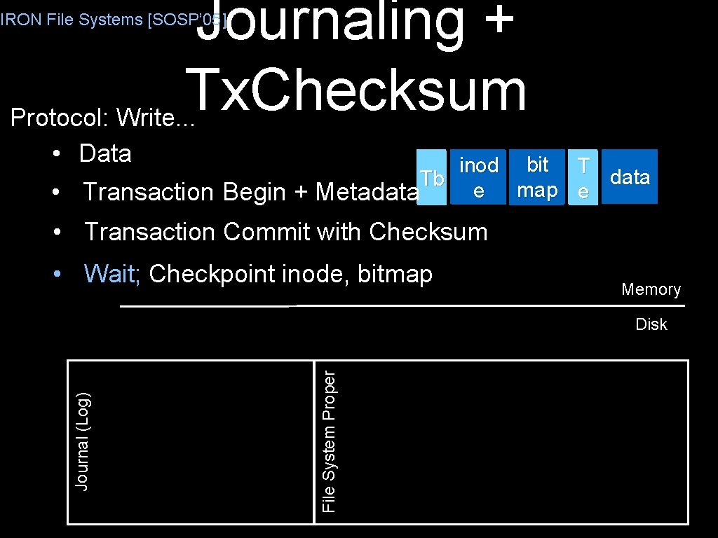 Journaling + Tx. Checksum Protocol: Write. . . IRON File Systems [SOSP’ 05] •