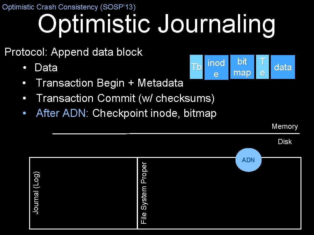 Optimistic Crash Consistency (SOSP’ 13) Optimistic Journaling Protocol: Append data block bit T inod