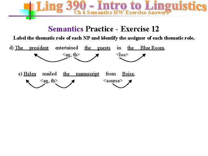 Ch 6 Semantics HW Exercise Answers Semantics Practice - Exercise 12 Label thematic role