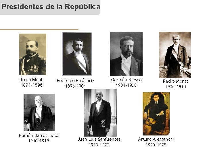 Presidentes de la República Jorge Montt 1891 -1896 Federico Errázuriz 1896 -1901 Ramón Barros