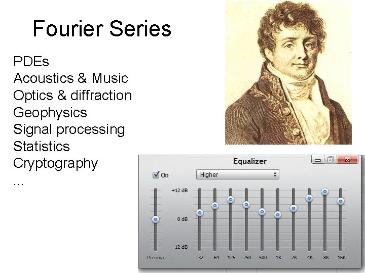 Fourier Series PDEs Acoustics & Music Optics & diffraction Geophysics Signal processing Statistics Cryptography.