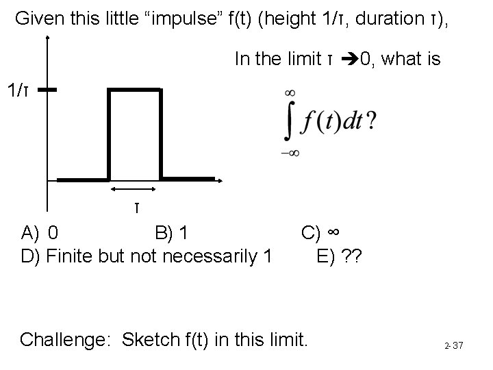 Given this little “impulse” f(t) (height 1/τ, duration τ), In the limit τ 0,