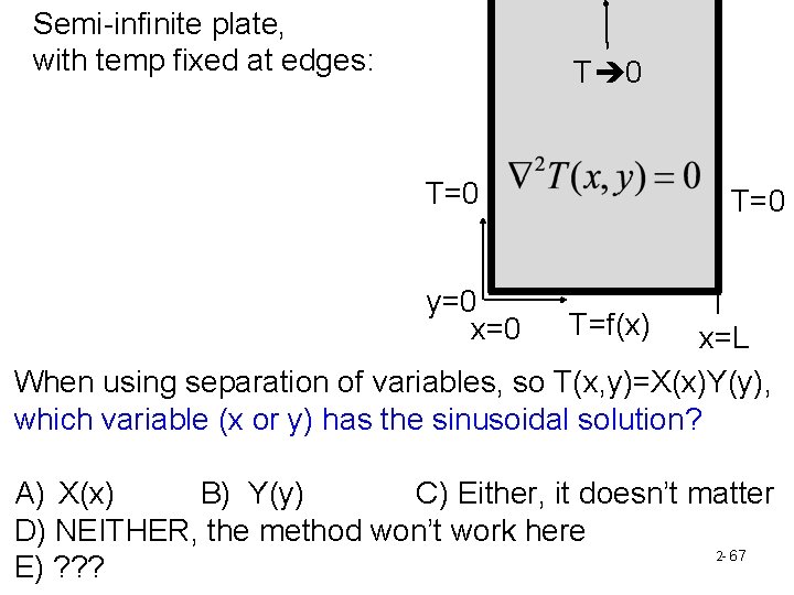 Semi-infinite plate, with temp fixed at edges: T 0 T=0 y=0 x=0 T=f(x) x=L